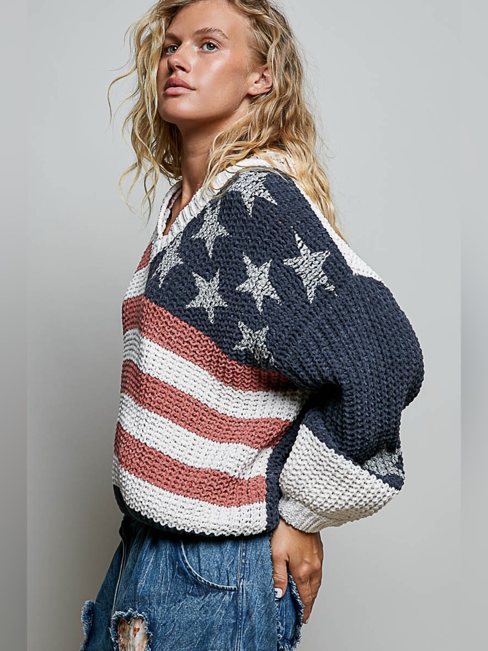 POL American Flag Stars Stripes Oversized Chunky Knit Sweater - Picture 2 of 4